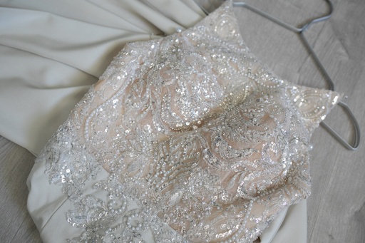 Pearl-Embellished Nude White Wedding Dress